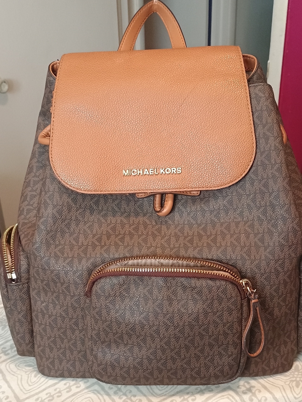Michael Kors Brown & Tan Logo Backpack with Gold Accents